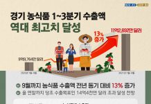 경기 농식품 1~3분기 수출액 전년보다 13% 증가. 역대 최고치 달성