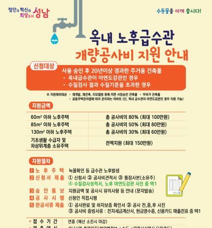 성남시 ‘녹물 급수관’ 교체비 60만~150만원 지원