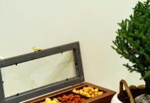 심장 건강을 지키는 식습관: 심혈관 질환 예방을 위한 가이드 a wooden box filled with nuts next to a potted tree