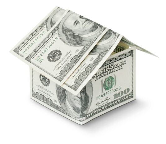 사회적 배려계층에게 중개수수료 지급 a house made out of money on a white background