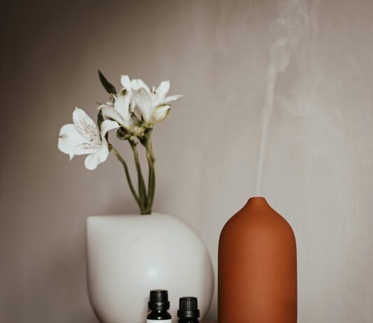 대체요법, 일상 속 건강을 위한 새로운 루틴으로 자리 잡다 a vase with a flower and two bottles of essential oils on a table