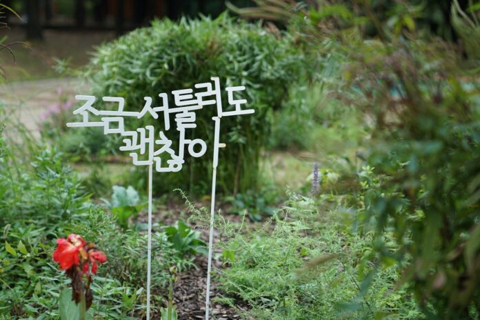 Photo by Sewon Kim a sign that is in the grass near a flower