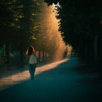아침 걷기 열풍 확산, 일상 속에서 건강 챙기는 법 A person with long hair walking down a tree-lined path in golden light