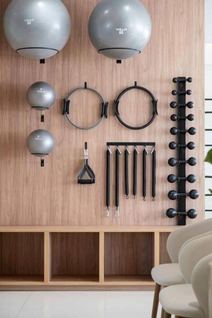 Photo by Caroline Badran Gym equipment neatly organized on a wooden wall